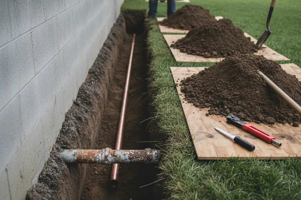 Excavated water line trench during Water Softener Installation in Brandywine